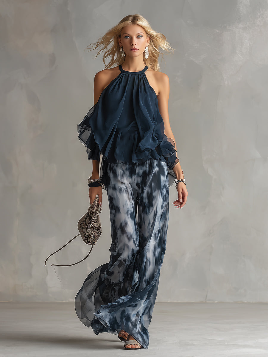 Damen Halterneck Chiffon Set | Fließendes Oberteil mit Print-Hose – Eleganter Sommer Zweiteiler & Modern Chic Look