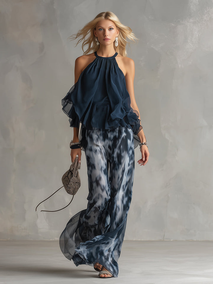 Damen Halterneck Chiffon Set | Fließendes Oberteil mit Print-Hose – Eleganter Sommer Zweiteiler & Modern Chic Look