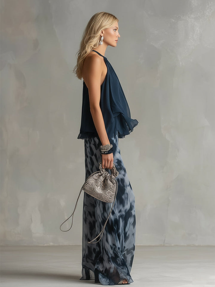 Damen Halterneck Chiffon Set | Fließendes Oberteil mit Print-Hose – Eleganter Sommer Zweiteiler & Modern Chic Look
