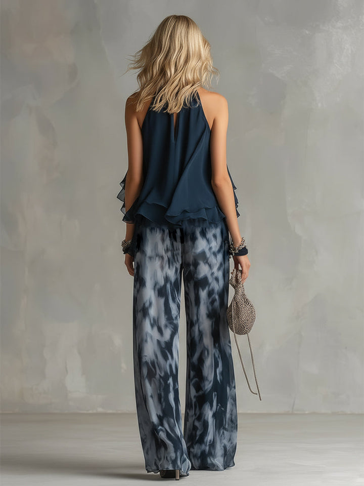 Damen Halterneck Chiffon Set | Fließendes Oberteil mit Print-Hose – Eleganter Sommer Zweiteiler & Modern Chic Look