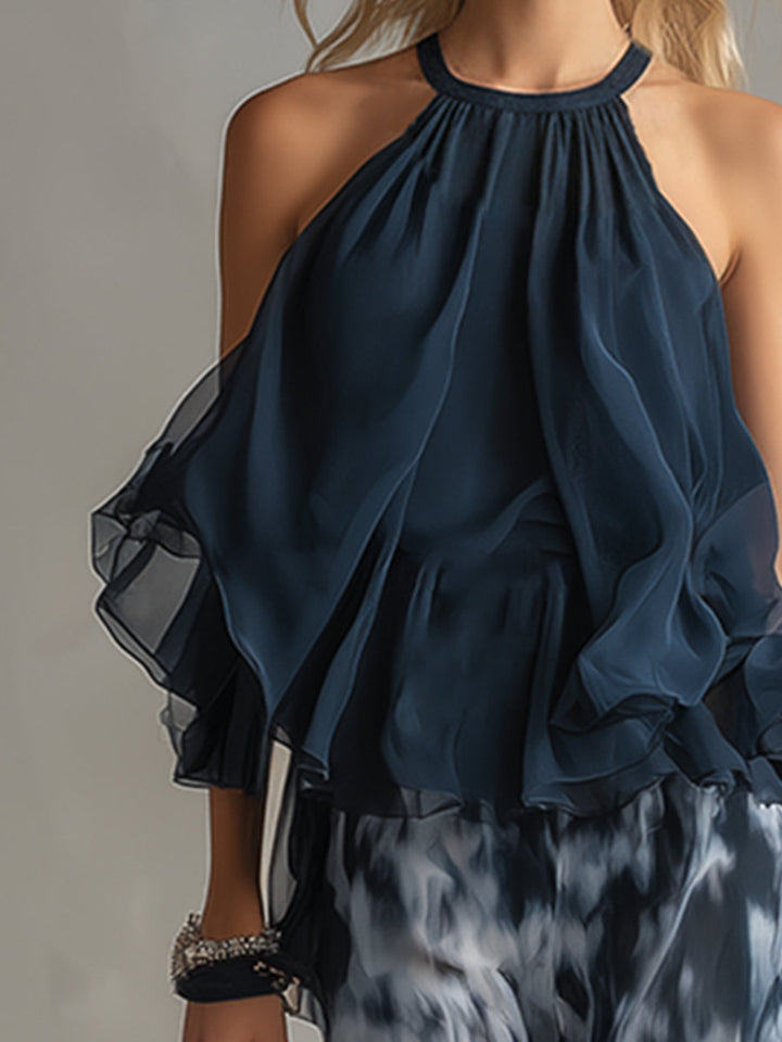 Damen Halterneck Chiffon Set | Fließendes Oberteil mit Print-Hose – Eleganter Sommer Zweiteiler & Modern Chic Look