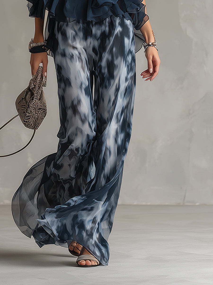 Damen Halterneck Chiffon Set | Fließendes Oberteil mit Print-Hose – Eleganter Sommer Zweiteiler & Modern Chic Look