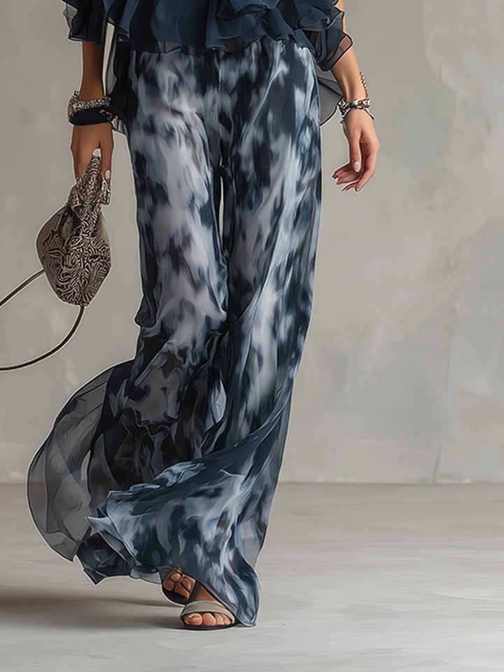 Damen Halterneck Chiffon Set | Fließendes Oberteil mit Print-Hose – Eleganter Sommer Zweiteiler & Modern Chic Look