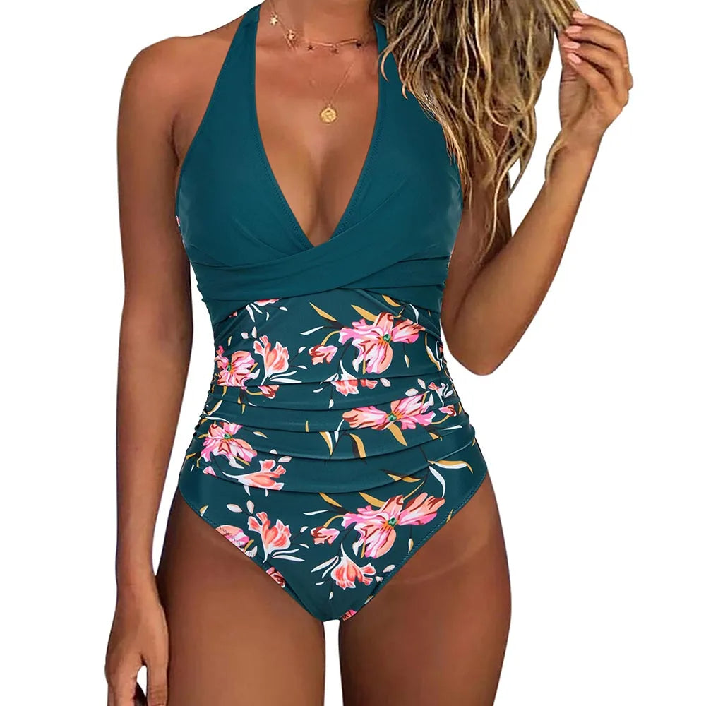 Damen Badeanzug | Halterneck Design, Tropisches Muster, Figurbetonter Schnitt & Moderner Strandlook