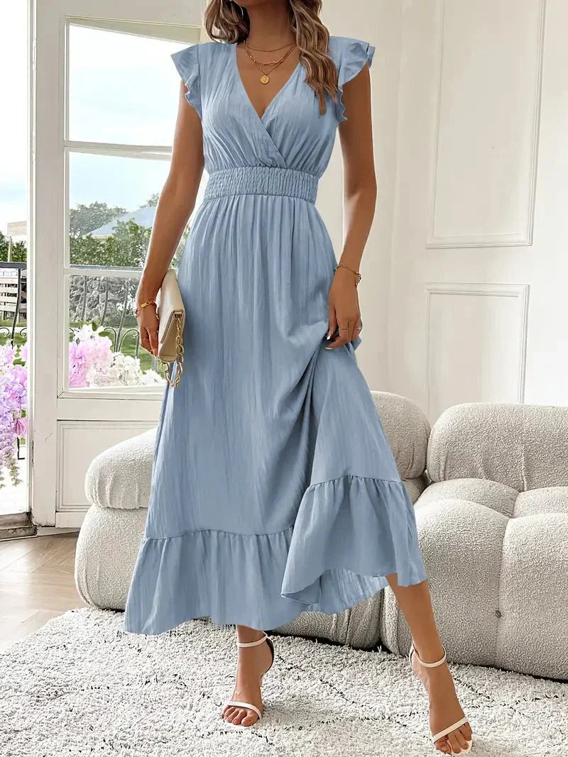 Damen Maxi-Abendkleid – Rüschenärmel, Geraffter Taille & V-Ausschnitt