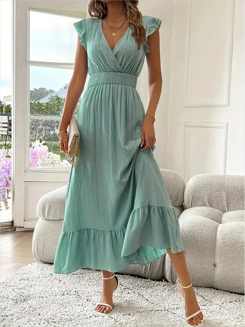 Damen Maxi-Abendkleid – Rüschenärmel, Geraffter Taille & V-Ausschnitt