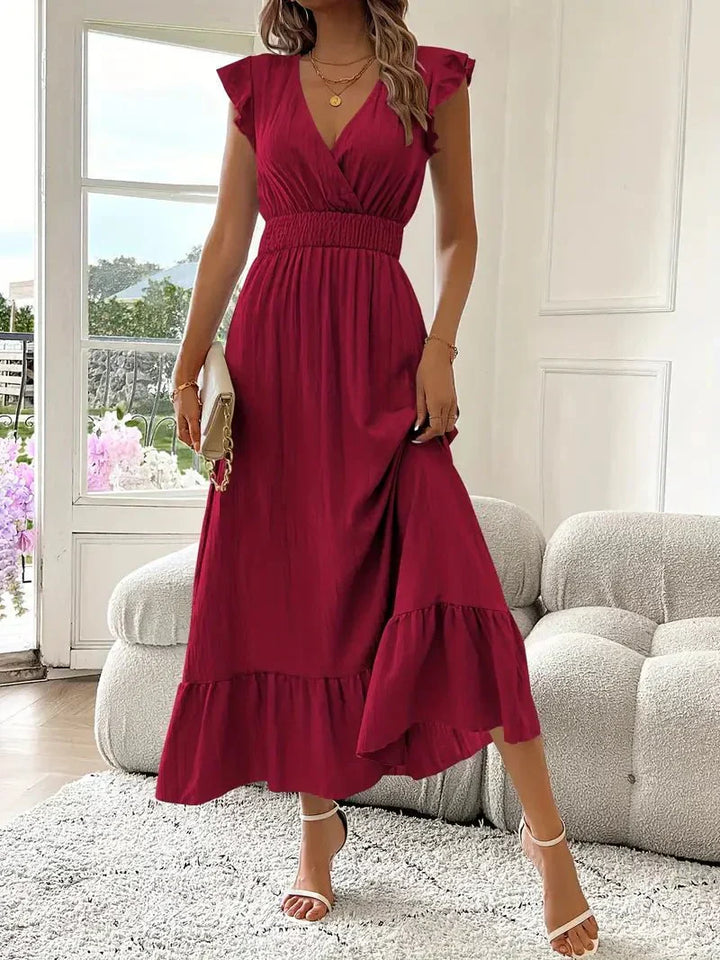 Damen Maxi-Abendkleid – Rüschenärmel, Geraffter Taille & V-Ausschnitt