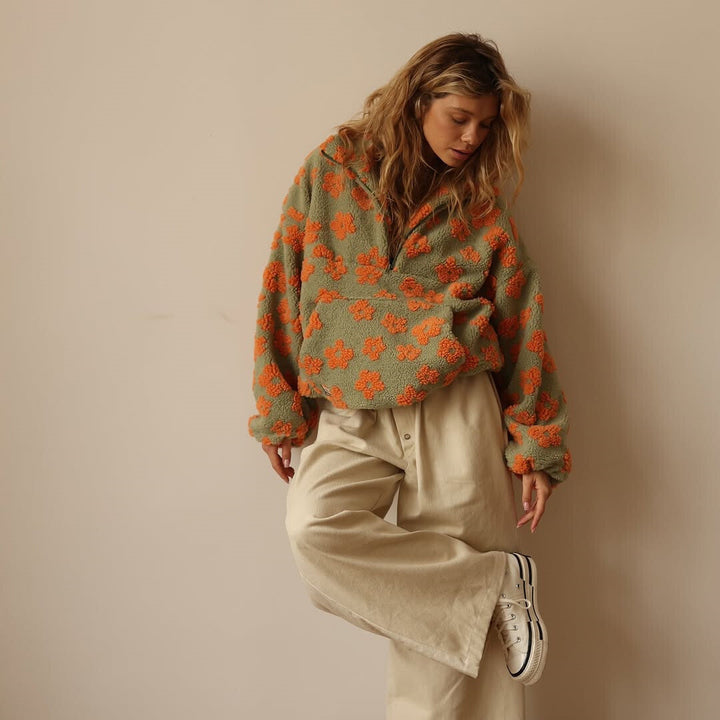 Selma – Langärmeliger Vlies Pullover Mit Blumen Muster