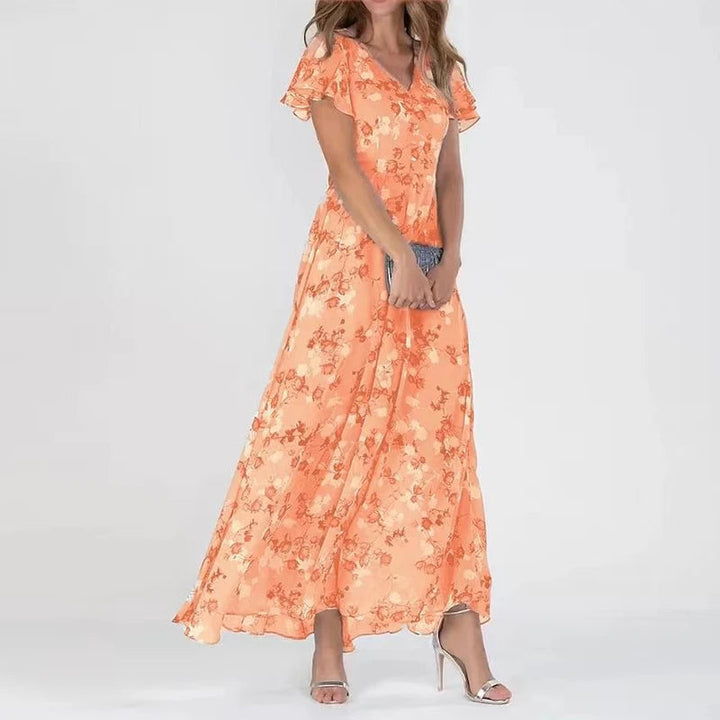 Damen Blumen-Maxikleid | V-Ausschnitt – Rüschenärmel, Fliessender Schnitt & Sommerlich Elegant