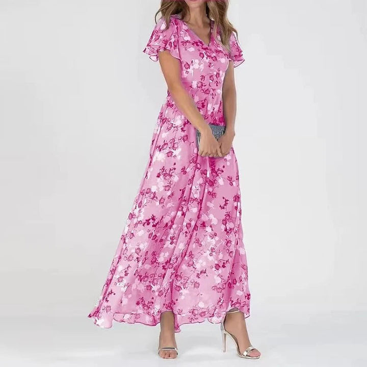 Damen Blumen-Maxikleid | V-Ausschnitt – Rüschenärmel, Fliessender Schnitt & Sommerlich Elegant
