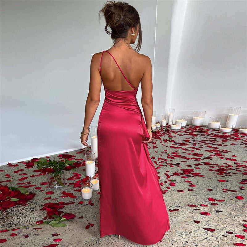 Damen Asymmetrisches Maxi-Abendkleid – Ein-Schulter, Raffung & Figurbetonend