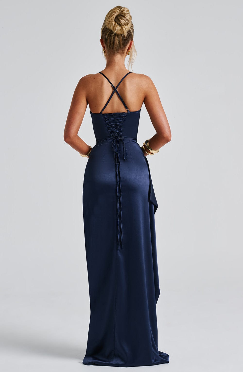Dunkelblaues Damen Maxi-Abendkleid – Satin-Glanz, Hoher Schlitz & Figurbetonend