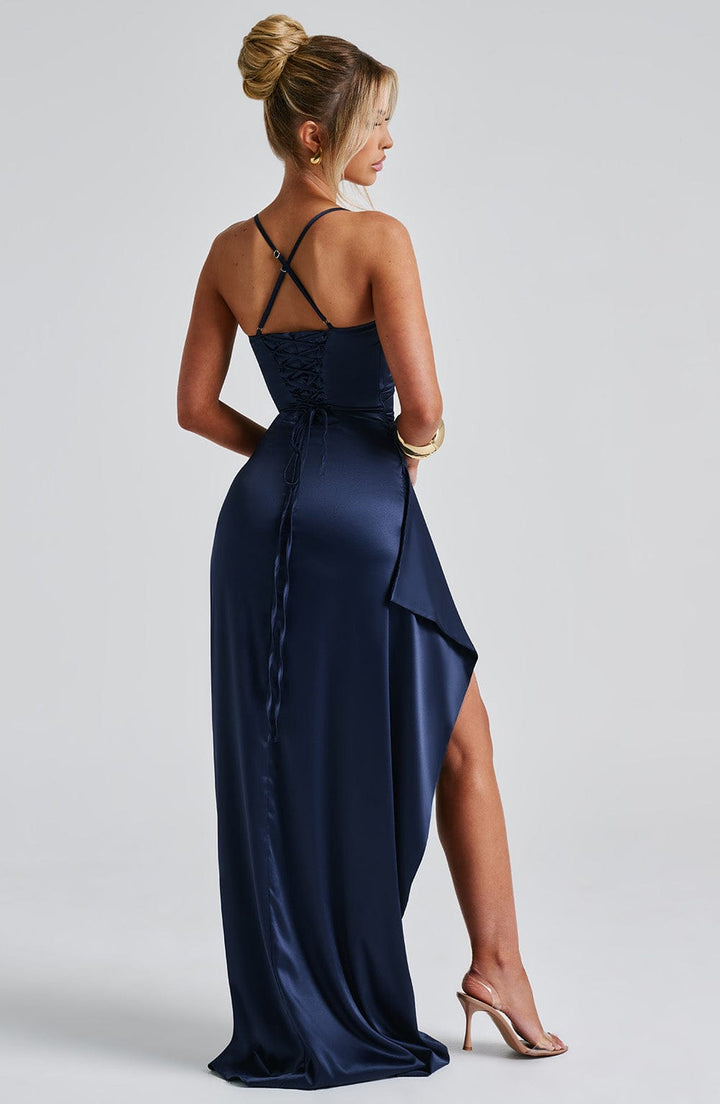 Dunkelblaues Damen Maxi-Abendkleid – Satin-Glanz, Hoher Schlitz & Figurbetonend