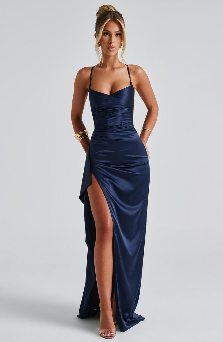 Dunkelblaues Damen Maxi-Abendkleid – Satin-Glanz, Hoher Schlitz & Figurbetonend