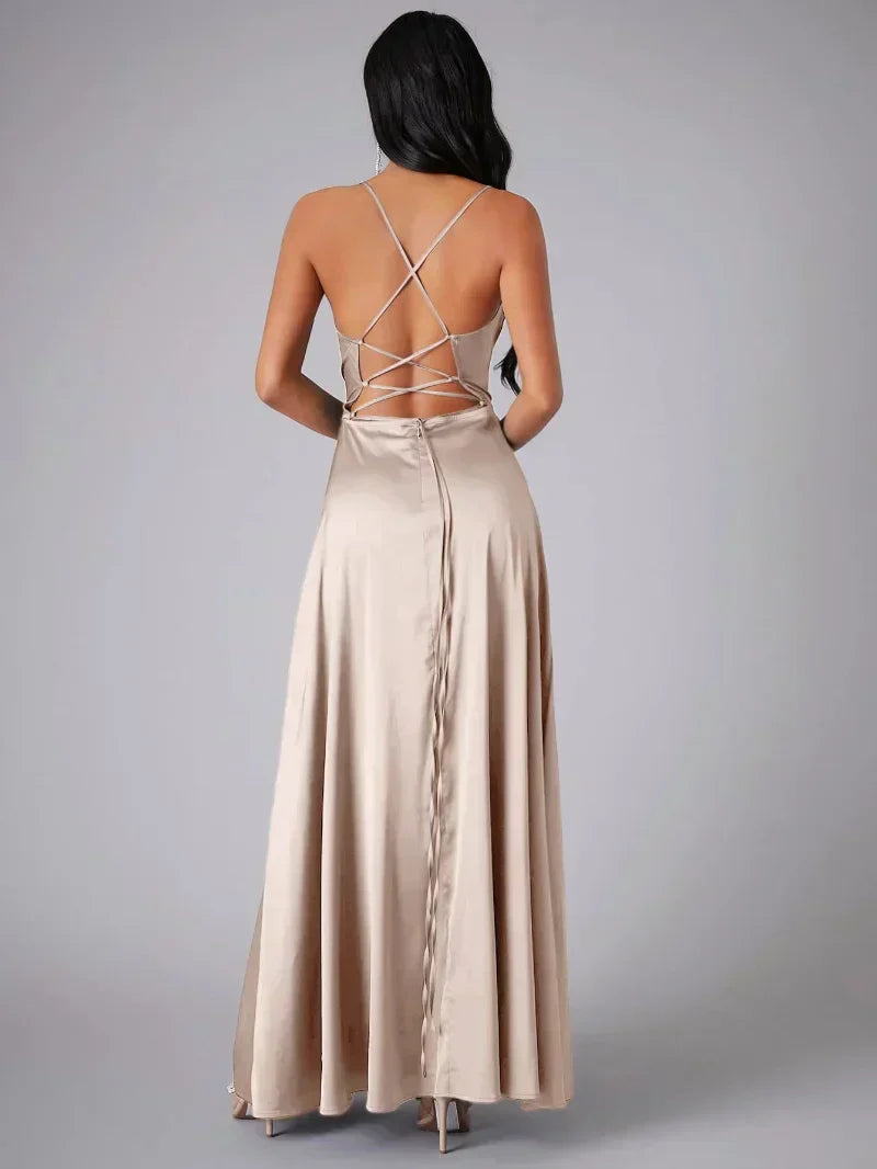 Damen Maxi-Abendkleid – Hoher Schlitz, Spaghettiträger & Schlanke Silhouette