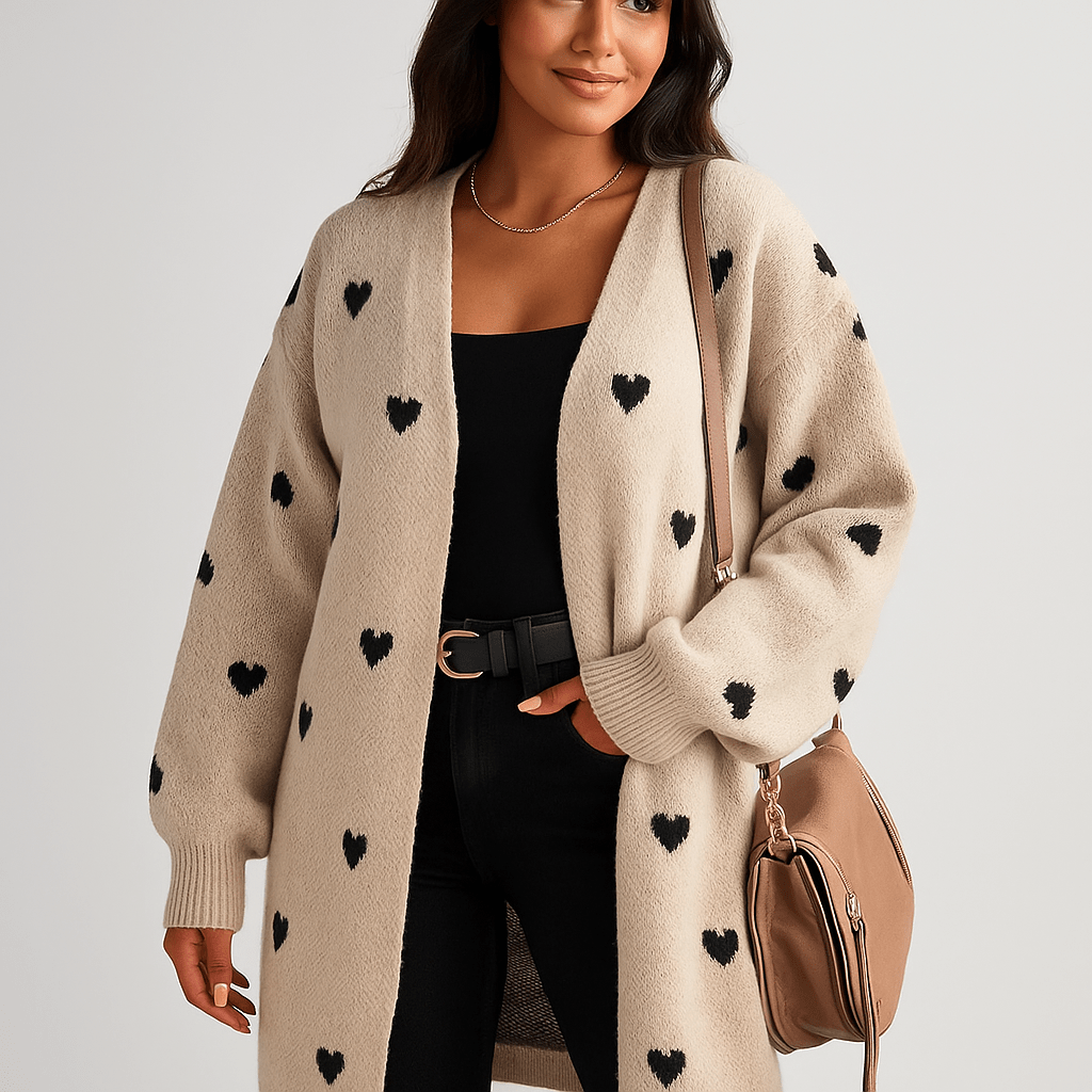Damen Langer Strick-Cardigan – Herzdetail, Bequem & Feminin