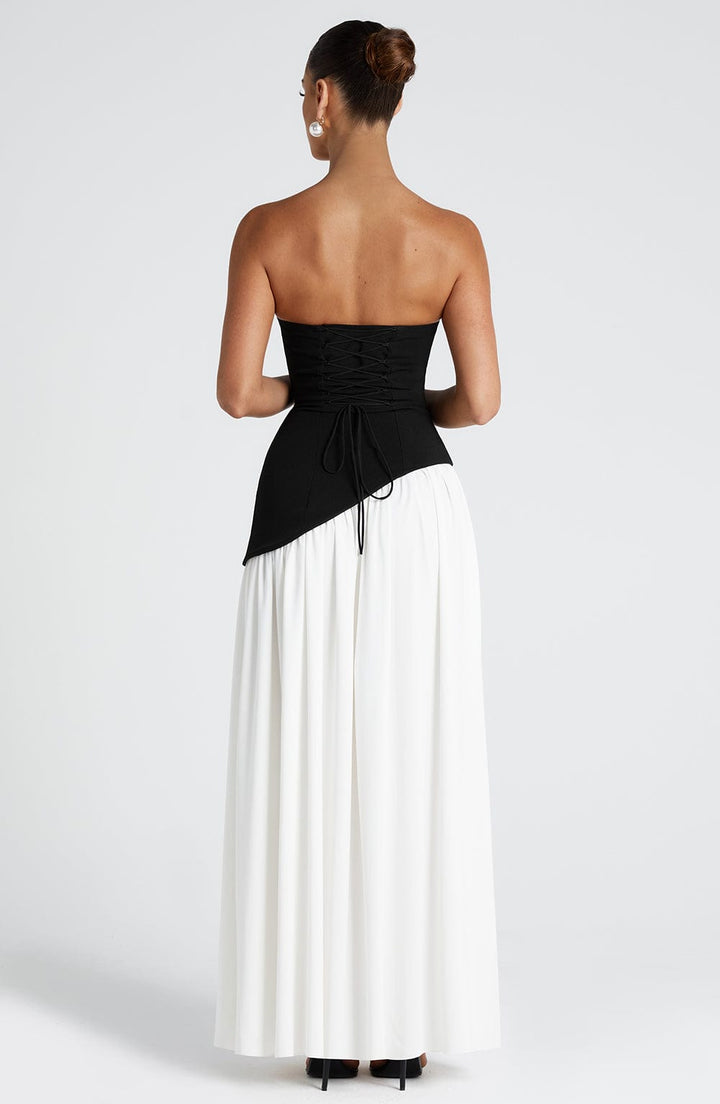 Damen Trägerloses Maxi-Abendkleid – Asymmetrische Taille, Korsett & Hoher Schlitz