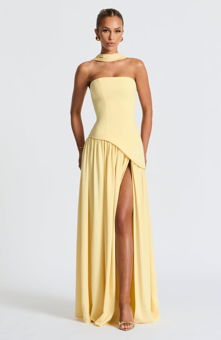 Damen Trägerloses Maxi-Abendkleid – Asymmetrische Taille, Korsett & Hoher Schlitz