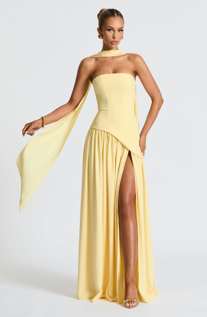 Damen Trägerloses Maxi-Abendkleid – Asymmetrische Taille, Korsett & Hoher Schlitz