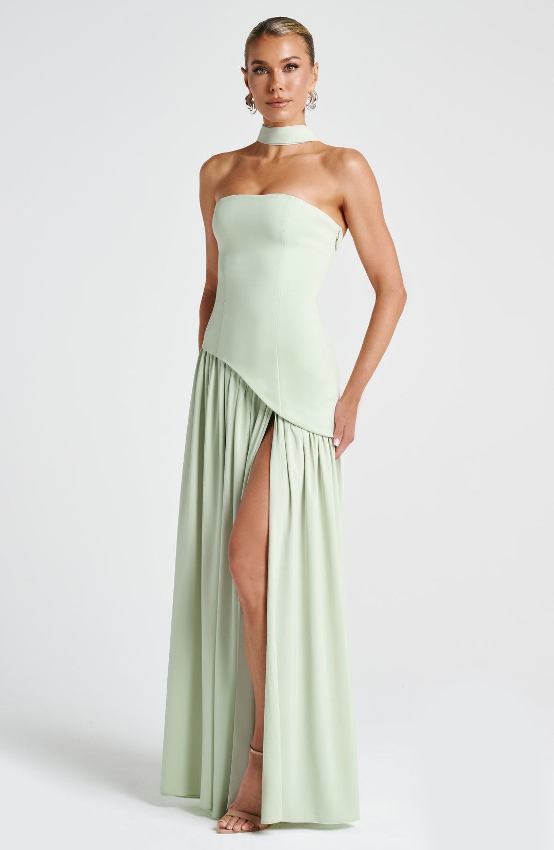 Damen Trägerloses Maxi-Abendkleid – Asymmetrische Taille, Korsett & Hoher Schlitz