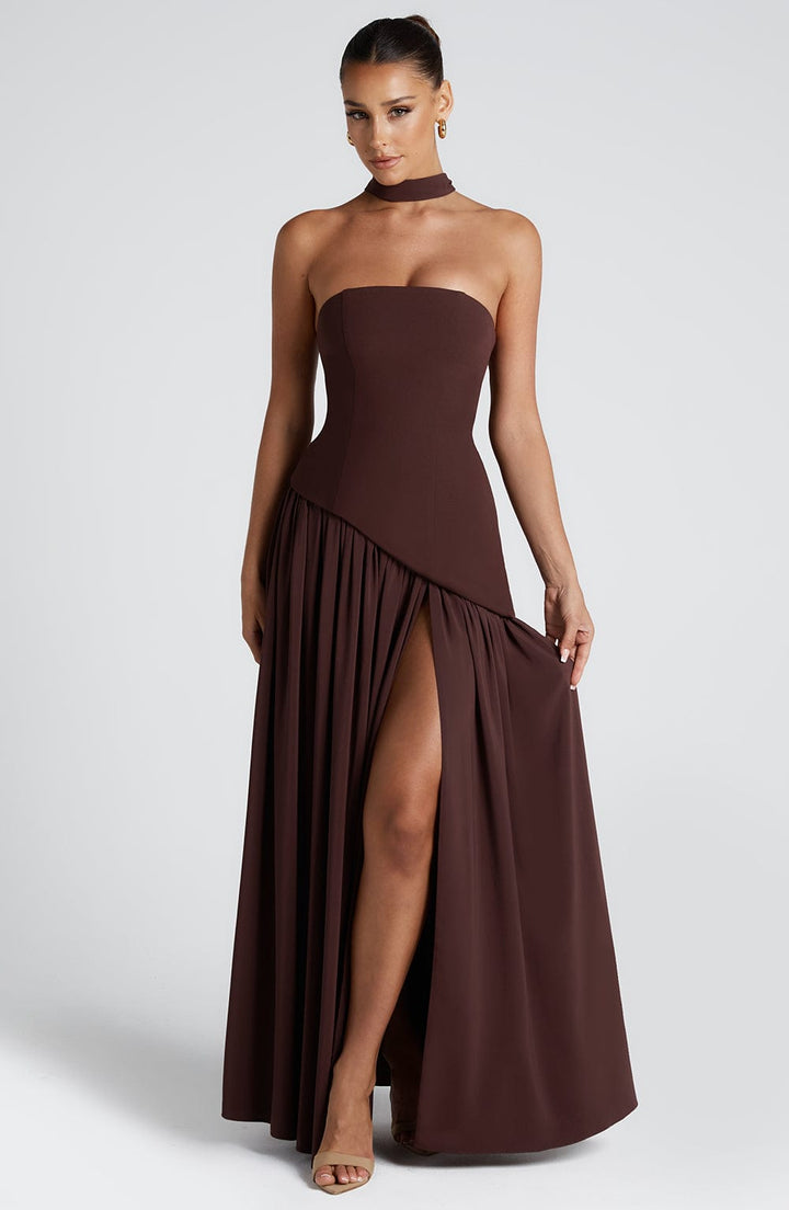 Damen Trägerloses Maxi-Abendkleid – Asymmetrische Taille, Korsett & Hoher Schlitz