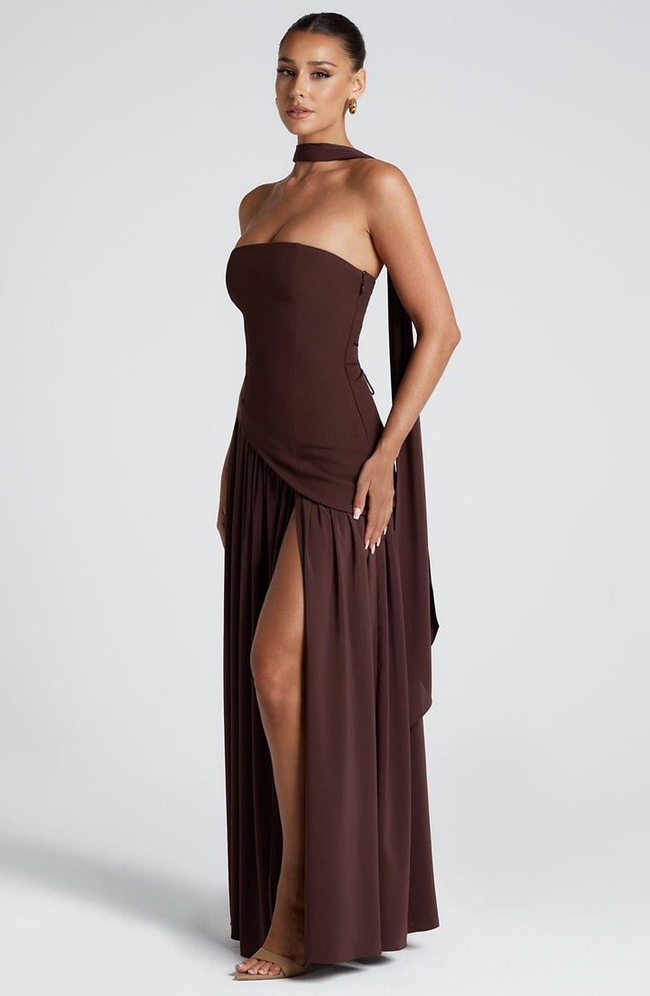 Damen Trägerloses Maxi-Abendkleid – Asymmetrische Taille, Korsett & Hoher Schlitz