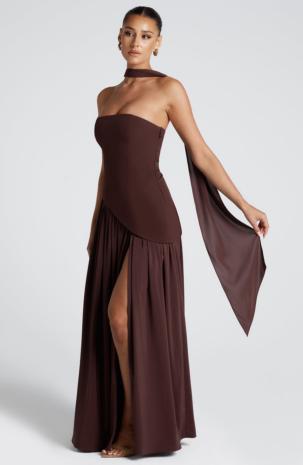 Damen Trägerloses Maxi-Abendkleid – Asymmetrische Taille, Korsett & Hoher Schlitz