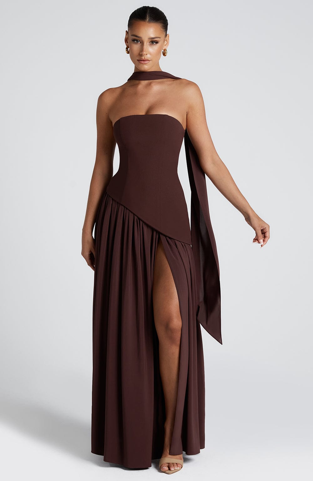 Damen Trägerloses Maxi-Abendkleid – Asymmetrische Taille, Korsett & Hoher Schlitz
