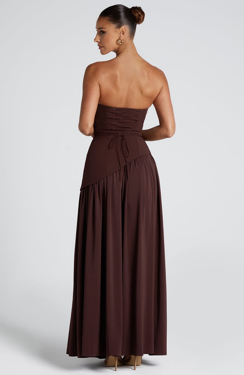 Damen Trägerloses Maxi-Abendkleid – Asymmetrische Taille, Korsett & Hoher Schlitz