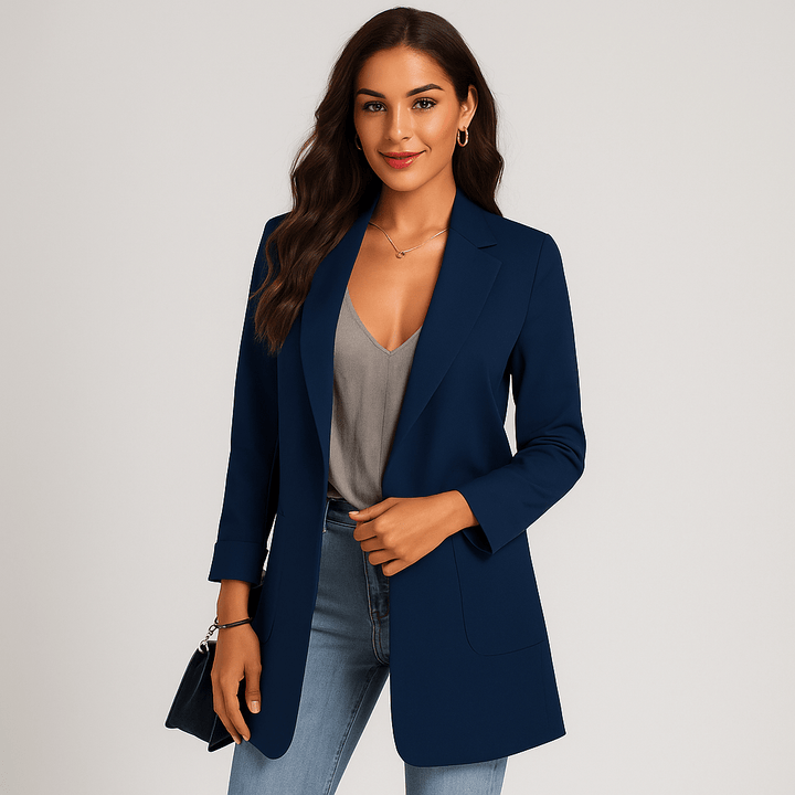 Claude responded: Title: Damen Langer Blazer – Offene Vorderseite, Kerbkragen & MassgeschneidertTitle: