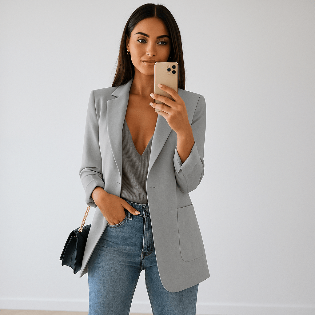 Claude responded: Title: Damen Langer Blazer – Offene Vorderseite, Kerbkragen & MassgeschneidertTitle: