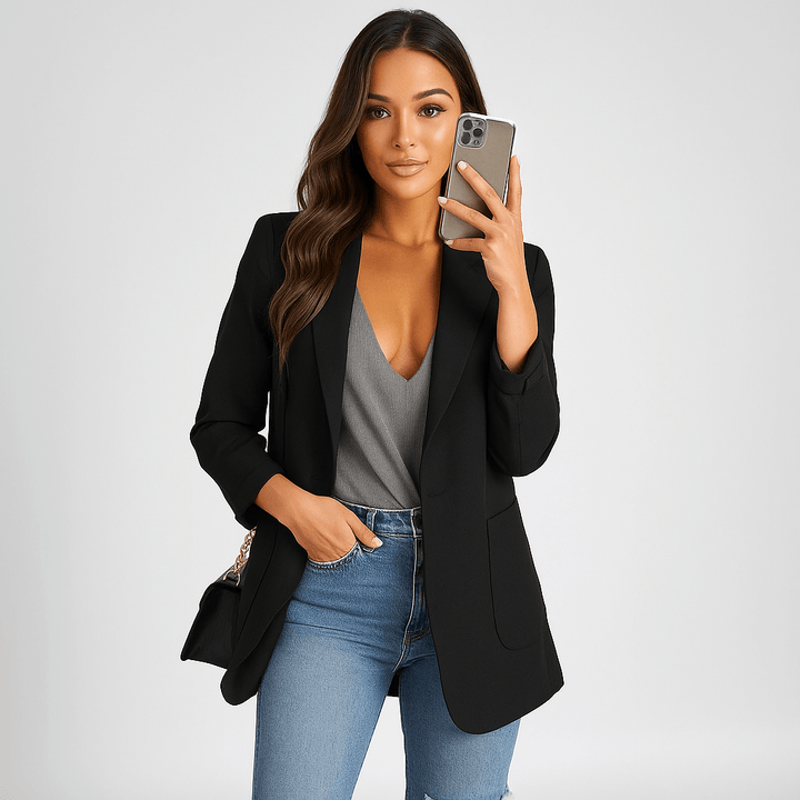 Claude responded: Title: Damen Langer Blazer – Offene Vorderseite, Kerbkragen & MassgeschneidertTitle: