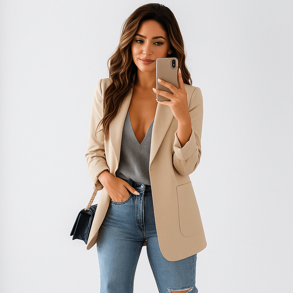 Claude responded: Title: Damen Langer Blazer – Offene Vorderseite, Kerbkragen & MassgeschneidertTitle: