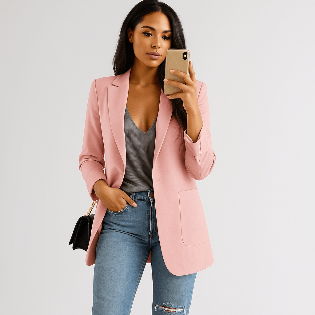 Claude responded: Title: Damen Langer Blazer – Offene Vorderseite, Kerbkragen & MassgeschneidertTitle:
