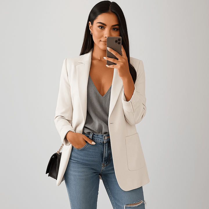 Claude responded: Title: Damen Langer Blazer – Offene Vorderseite, Kerbkragen & MassgeschneidertTitle: