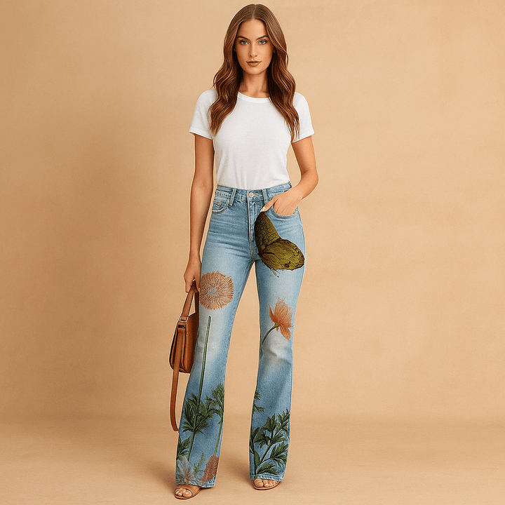 Damen Jeans – Bestickte Blumentaschen, Regular Fit & Feminin