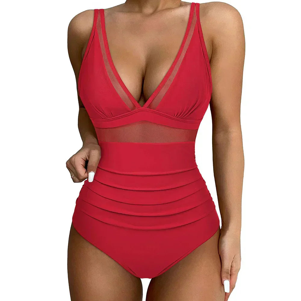 Damen Badeanzug | V-Ausschnitt Design, Mesh-Detail, Figurformend & Moderner Strand Look