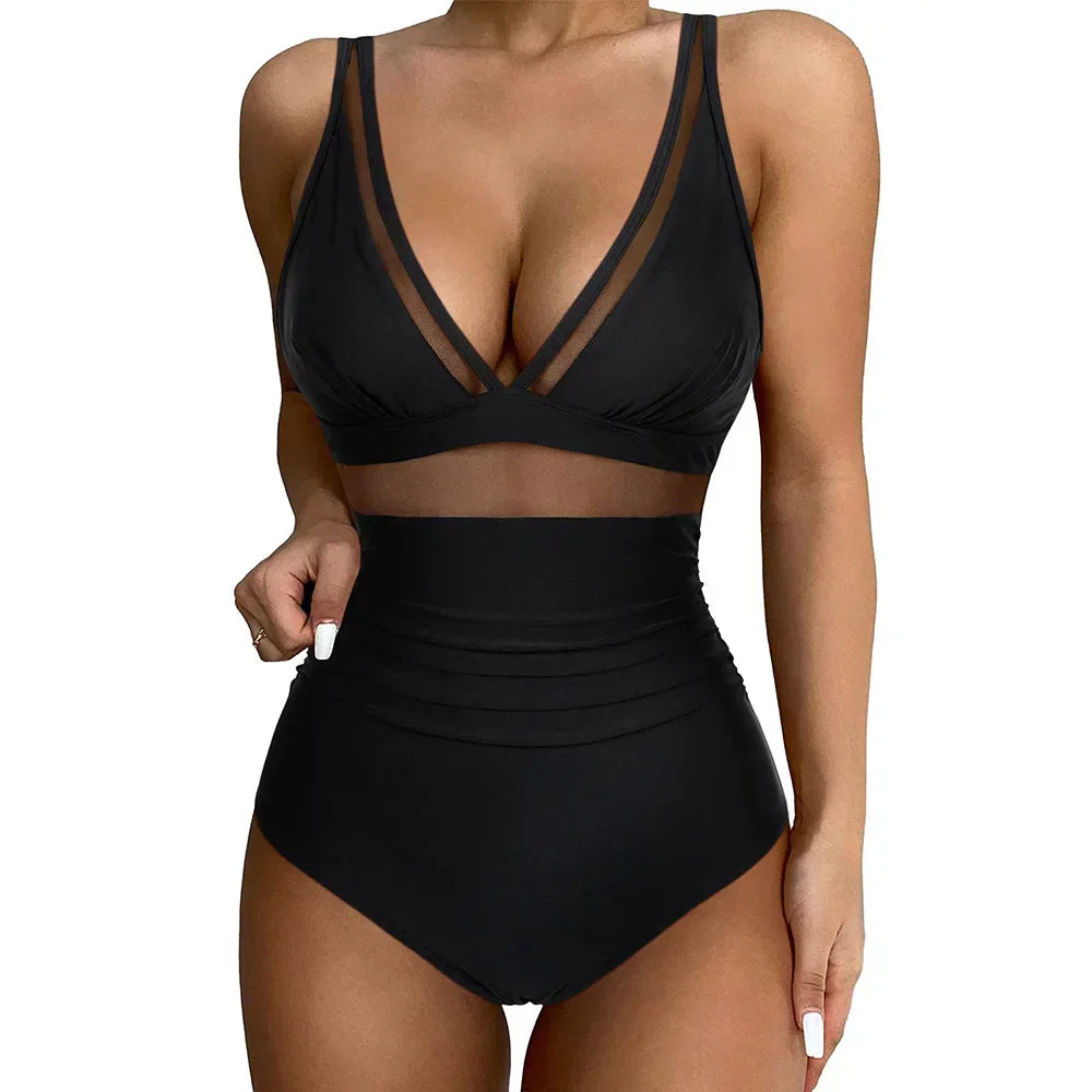 Damen Badeanzug | V-Ausschnitt Design, Mesh-Detail, Figurformend & Moderner Strand Look