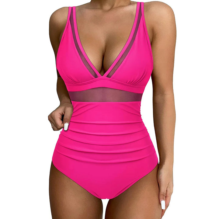 Damen Badeanzug | V-Ausschnitt Design, Mesh-Detail, Figurformend & Moderner Strand Look