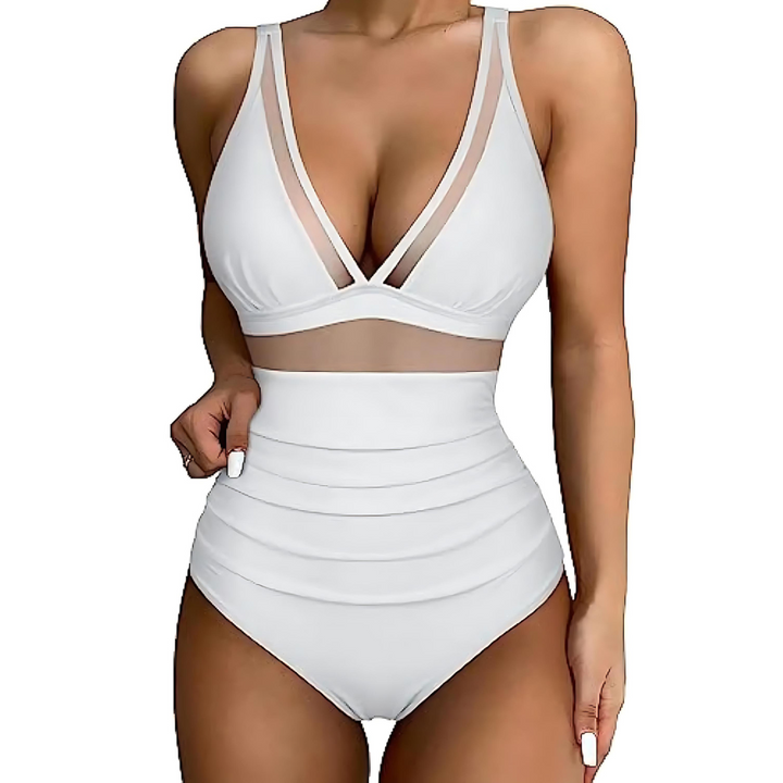 Damen Badeanzug | V-Ausschnitt Design, Mesh-Detail, Figurformend & Moderner Strand Look