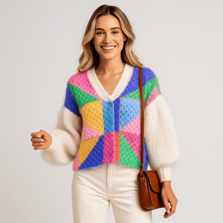 Stilla | Damen Mehrfarbiger Cardigan – Patchwork, Locker & Gemütlich
