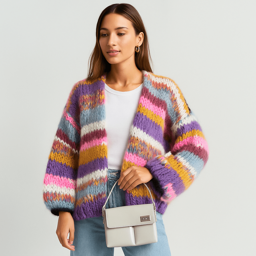 Stilla | Damen Mehrfarbiger Cardigan – Patchwork, Locker & Gemütlich