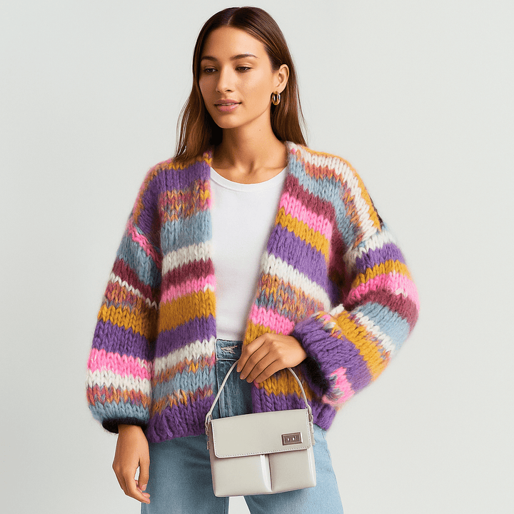 Stilla | Damen Mehrfarbiger Cardigan – Patchwork, Locker & Gemütlich