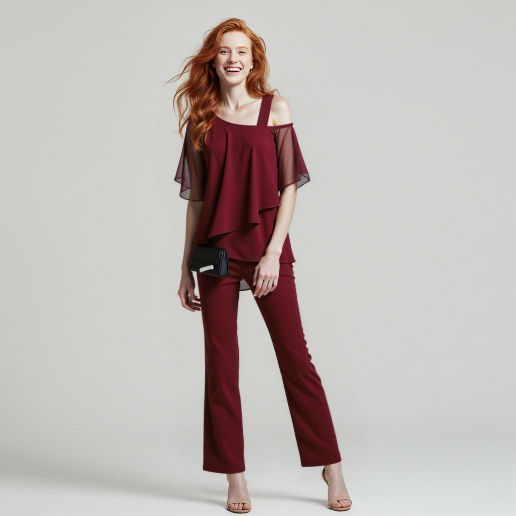 Damen Zweiteiler – Cold-Shoulder-Top, Weite Hose & Elegant