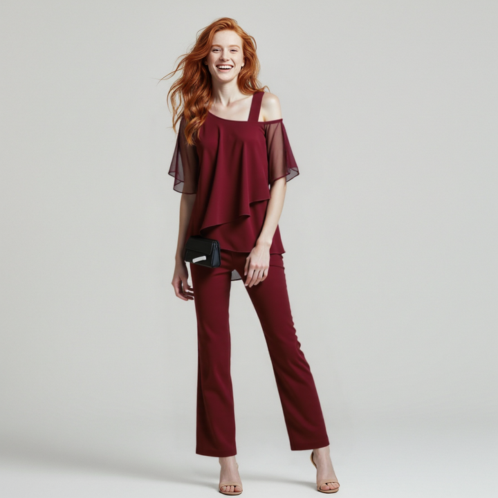 Damen Zweiteiler – Cold-Shoulder-Top, Weite Hose & Elegant